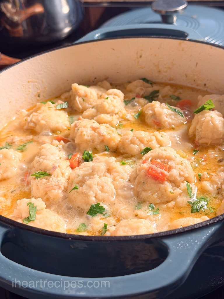 Homemade chicken and dumplings with carrots, in a dutch oven.