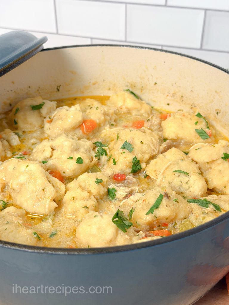 Pot of chicken and dumplings.