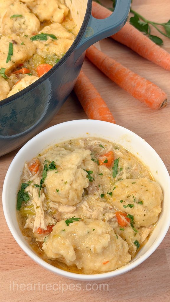 Chicken and homemade dumplings in a bowl, next to a pot.